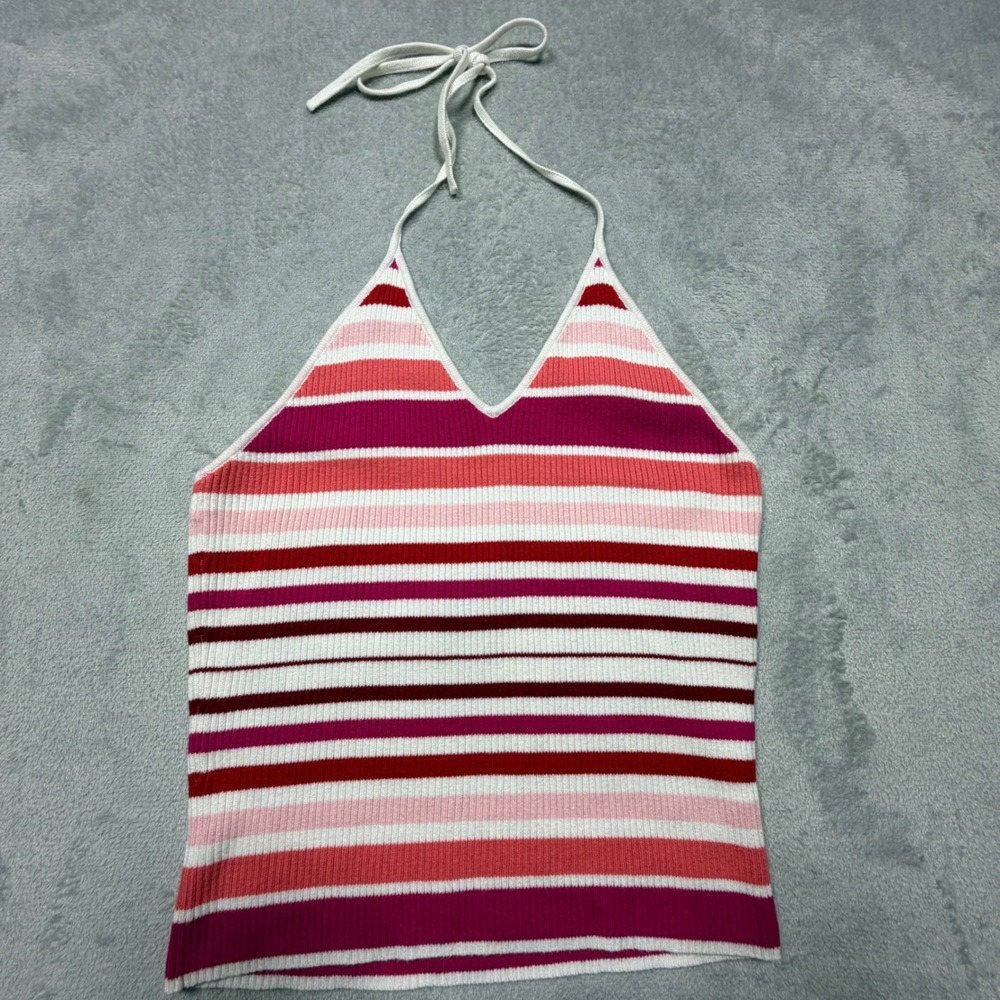 Y2K American Eagle XL Pink Red Striped Cotton Knit Halter Top 90s soft Coastal